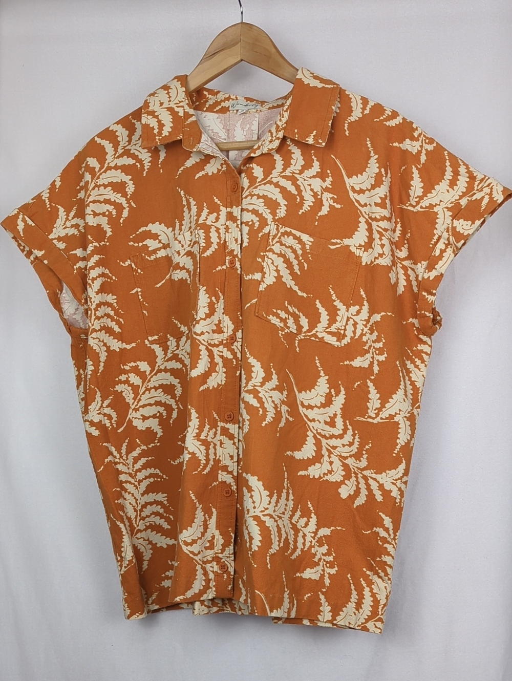 WONDERLY Women's Orange and Cream Short-Sleeve Button Front Top